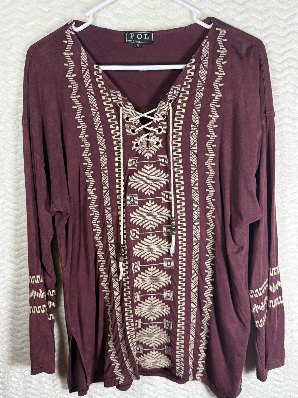 POL Women's Burgundy with cream tie-dye Lace-Up Embroidered Long Sleeve Top